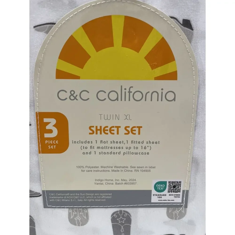 c&c California GRAY & WHITE Cowboy Boots TWIN XL Sheet Set new Cowgirl Sheets